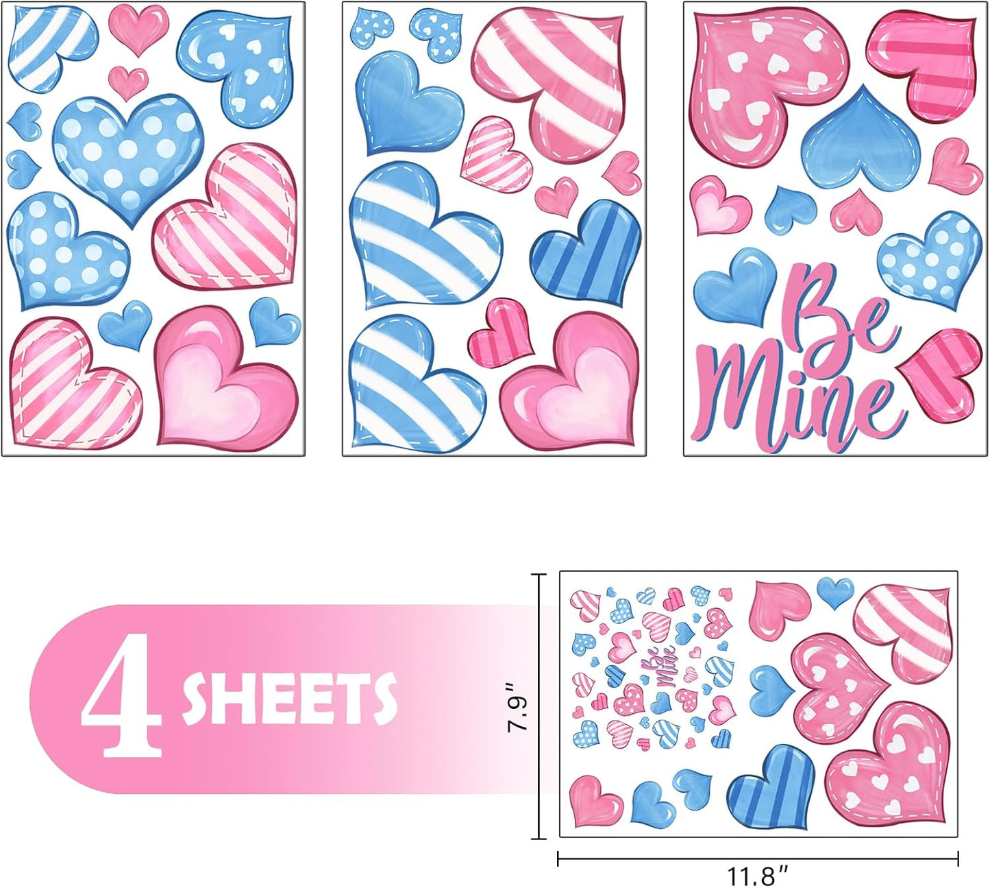 Mfault Valentines Day Love Hearts Window Clings 4 Sheets, Pink Blue Polka Dot Stripes Be Mine Romantic Stickers Decals Decorations, Anniversary Wedding Home Kitchen Decor Party Supplies