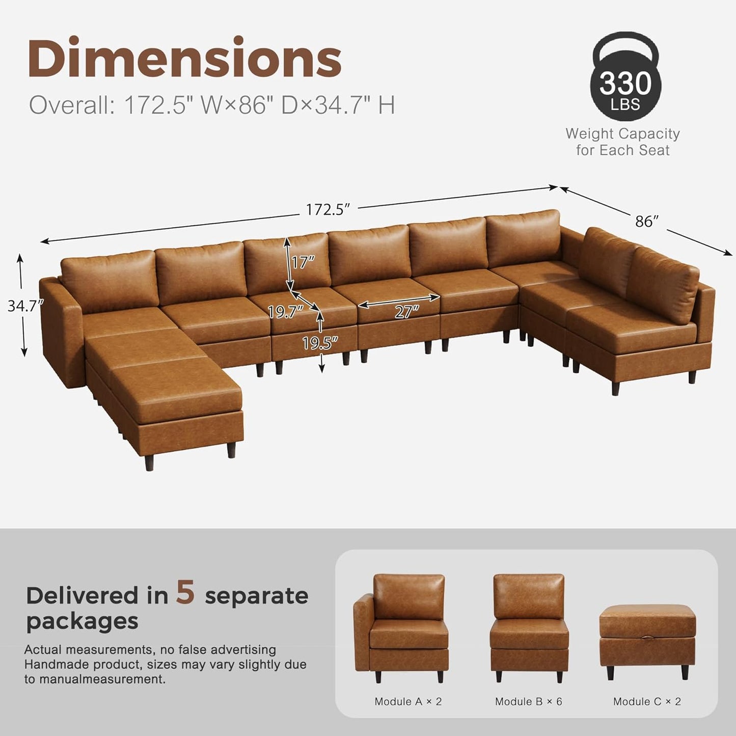 Oversized 172.5" Faux Leather Modular Sectional Sofa, Modern Large 11 Seater U Shaped Couch with Storage Seat with Reversible Chaise Deep Seat for Living Room DIY Combination - Brown