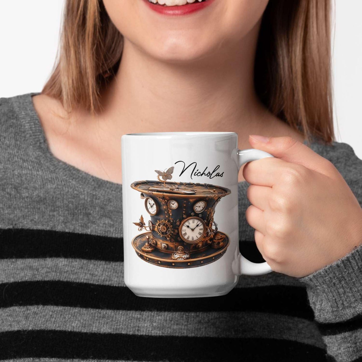 Personalized Coffee Mug Gift For Men, Customized Choose Name White Cup 11oz Or 15oz, Unique Steampunk Design Ceramic Cup, Custom Clock Themed Decorative Cup, Steampunk Decor Mug