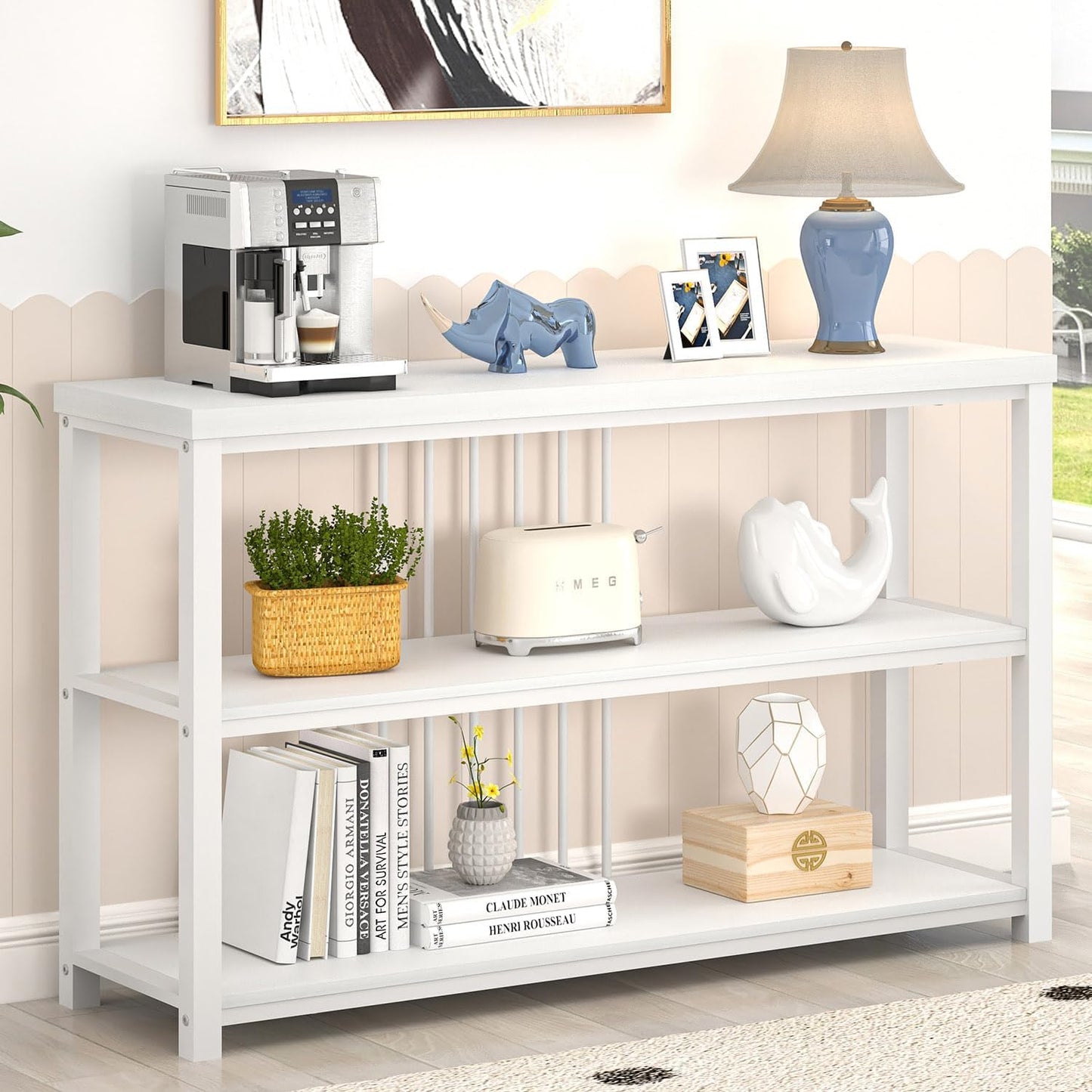 FOLUBAN Modern Sofa Console Table for Entryway, 3 Tier Wood Foyer Table for Hallway Living Room Behind Couch, White Oak