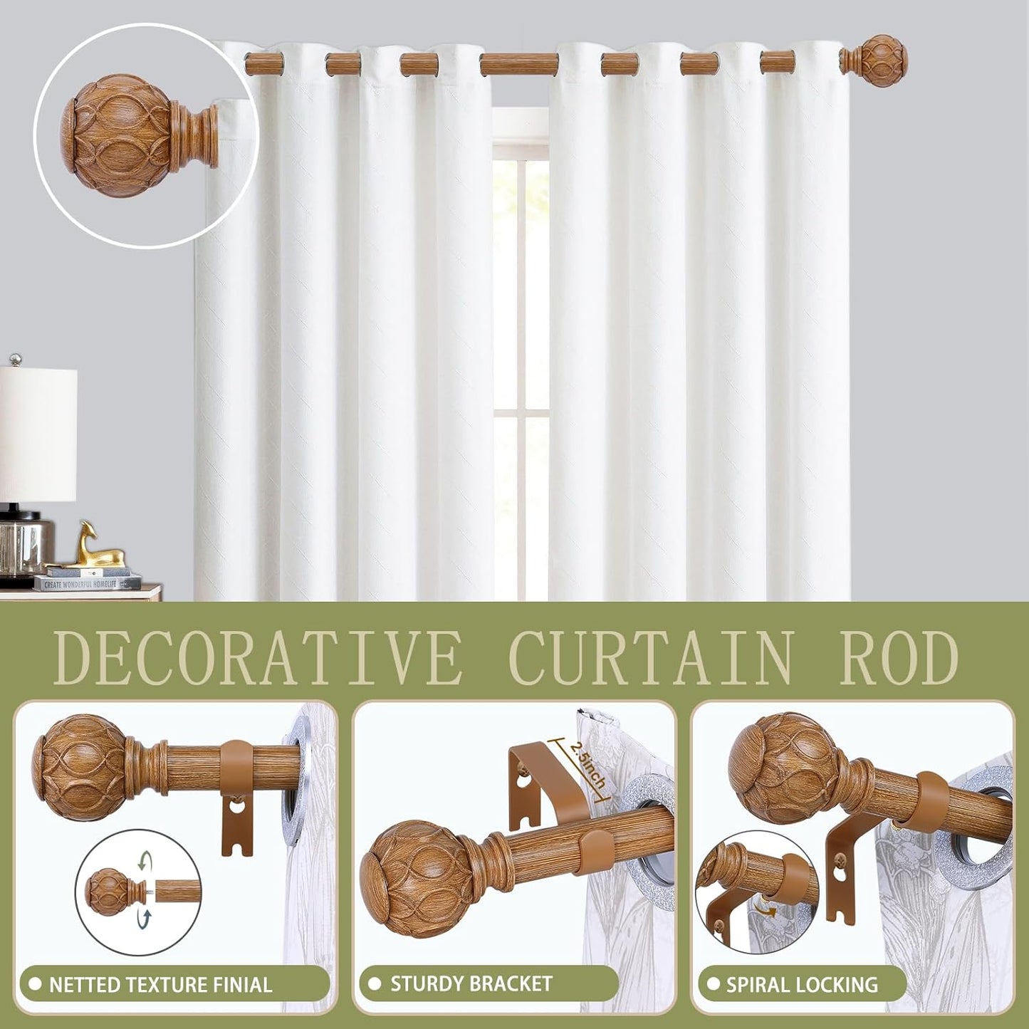 2 Pack Wood Curtain Rods for Windows 28 to 48 Inch(2.3-4Ft),1 Inch Adjustable Curtain Rod,Heavy Duty Curtain Rods,Wooden Netted Texture Drapery Rods,Single Window Curtain Rod 18-45",Brown Wood
