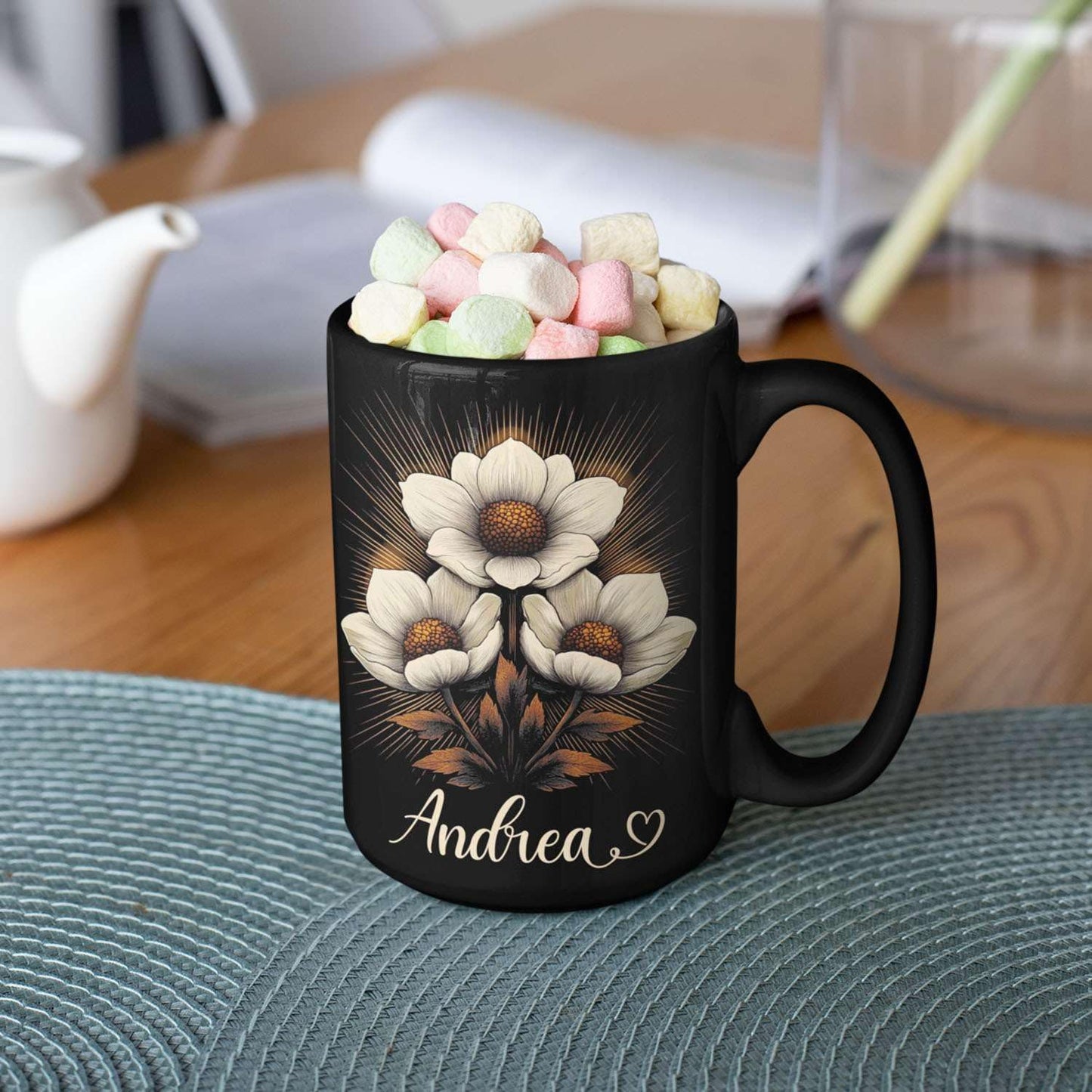 Personalized Nature Inspired Coffee Mug, Custom Name Black Cup 11oz or 15oz, Elegant Flower Ceramic Mug for Gardeners, Custom Floral Themed Coffee Cup, Gifts for Flower Lovers
