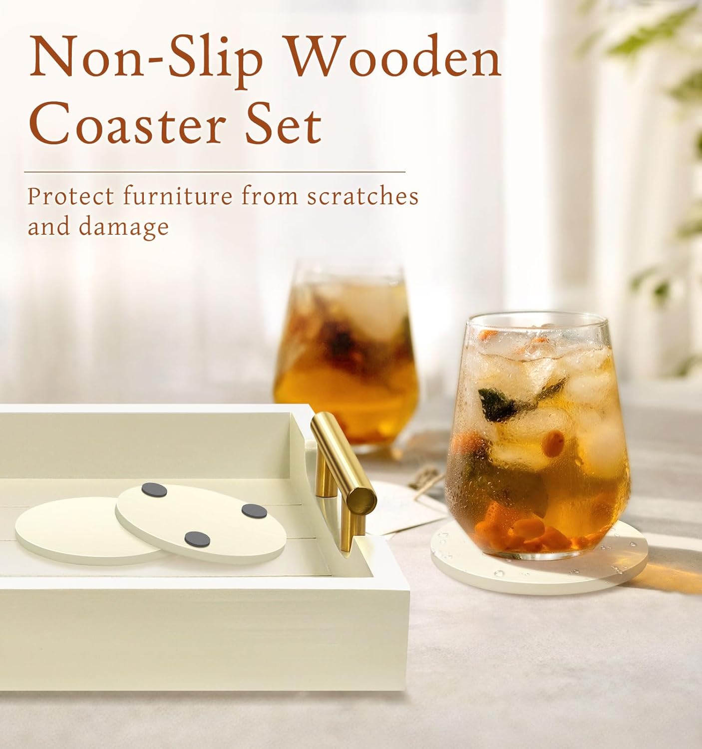 Coffee Table Tray - Large Ottoman Tray for Living Room - Wood Serving Trays with Handles(2 Sets) - Wooden Trays for Coffee Table, 4 Round Coasters Included, Off-White