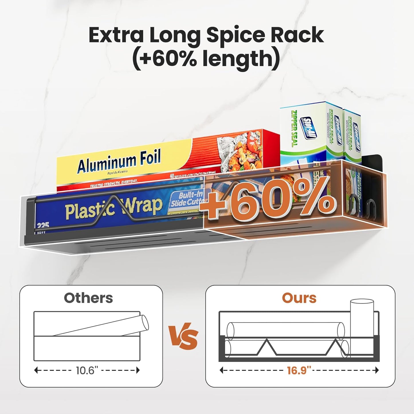 16.9 Inch Wide Large Capacity Magnetic Spice Rack for Refrigerator, 4 Pack Metal Fridge Shelf, Black