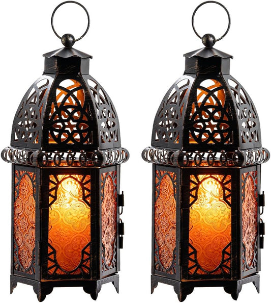 NEEDOMO Set of 2 Moroccan Lanterns Decorative Indoor & Outdoor, Hanging Candle Lantern, 11'' Vintage Candle Holder, Metal Lanterns Decorative, Table, Patio, Porch, Shelf, Gothic Home Decor (Amber)