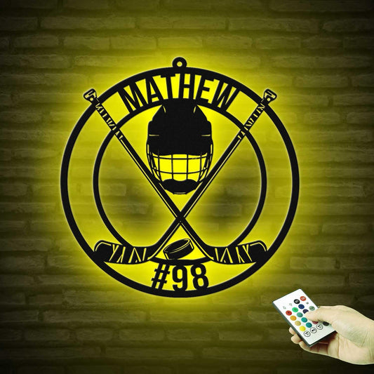 Custom Hockey Stick LED Sign – Personalized Name Signs, Neon Wall Light with Puck Metal Sign, Hockey Room Decor for Boys, Players, Man Cave, Fans, Coaches