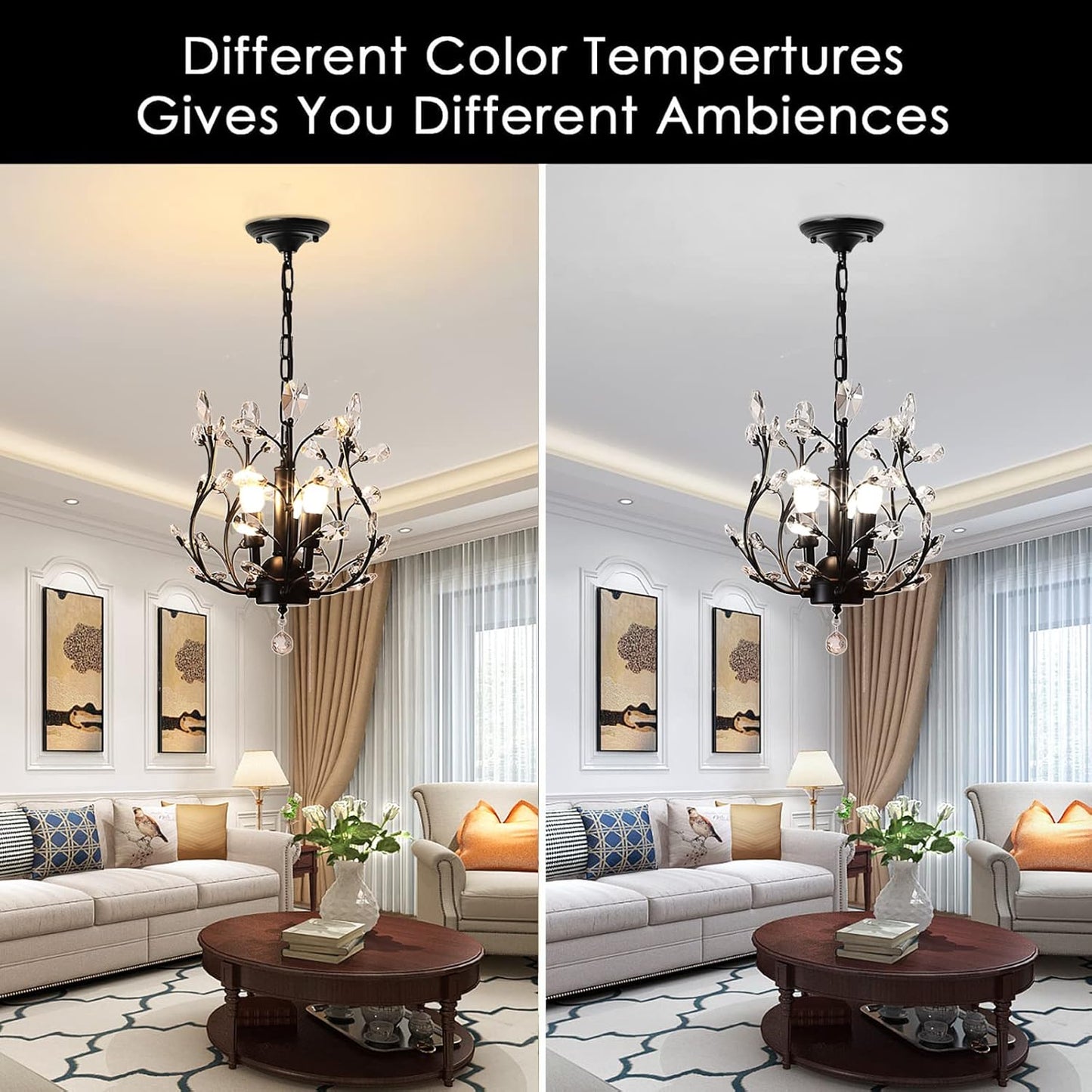 Ganeed Vintage K9 Clear Crystal Chandeliers,Ceiling Lighting,Pendant Lighting Flush Mounted Fixture with 3 Light for Living Room Dinning Room Restaurant Porch Hallway (Black)