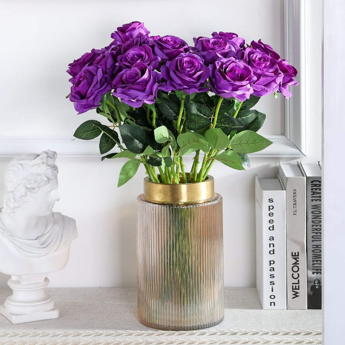 Purple Fake Roses Artificial Flowers - 16 Pcs Fake Artificial Roses Silk Flowers with Stems for Home Wedding Hotel Office Centerpiece Decor