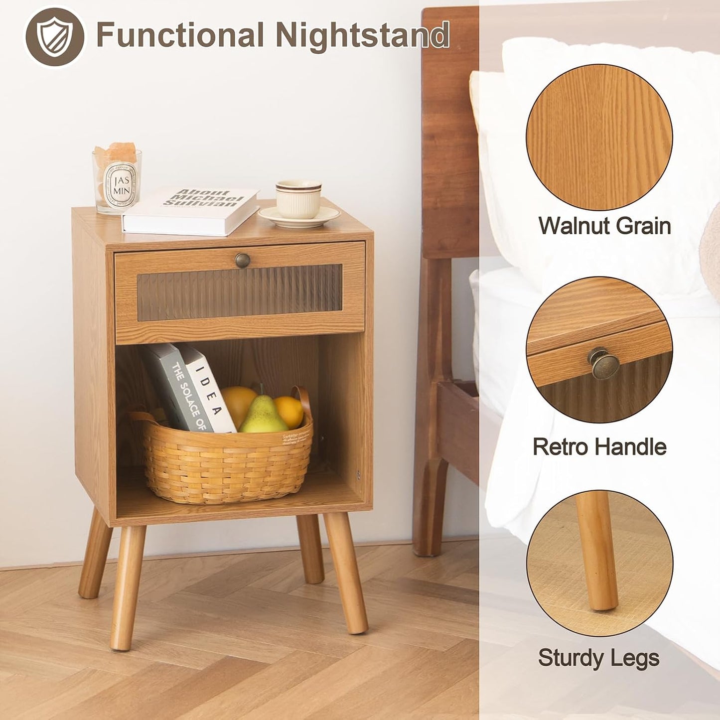 AWASEN Mid Century Nightstand, Bedside Table with Glass Storage Drawer and Large Open Shelf, Modern Night Stand Side End Table with Solid Legs for Bedroom, and Small Space, Brown