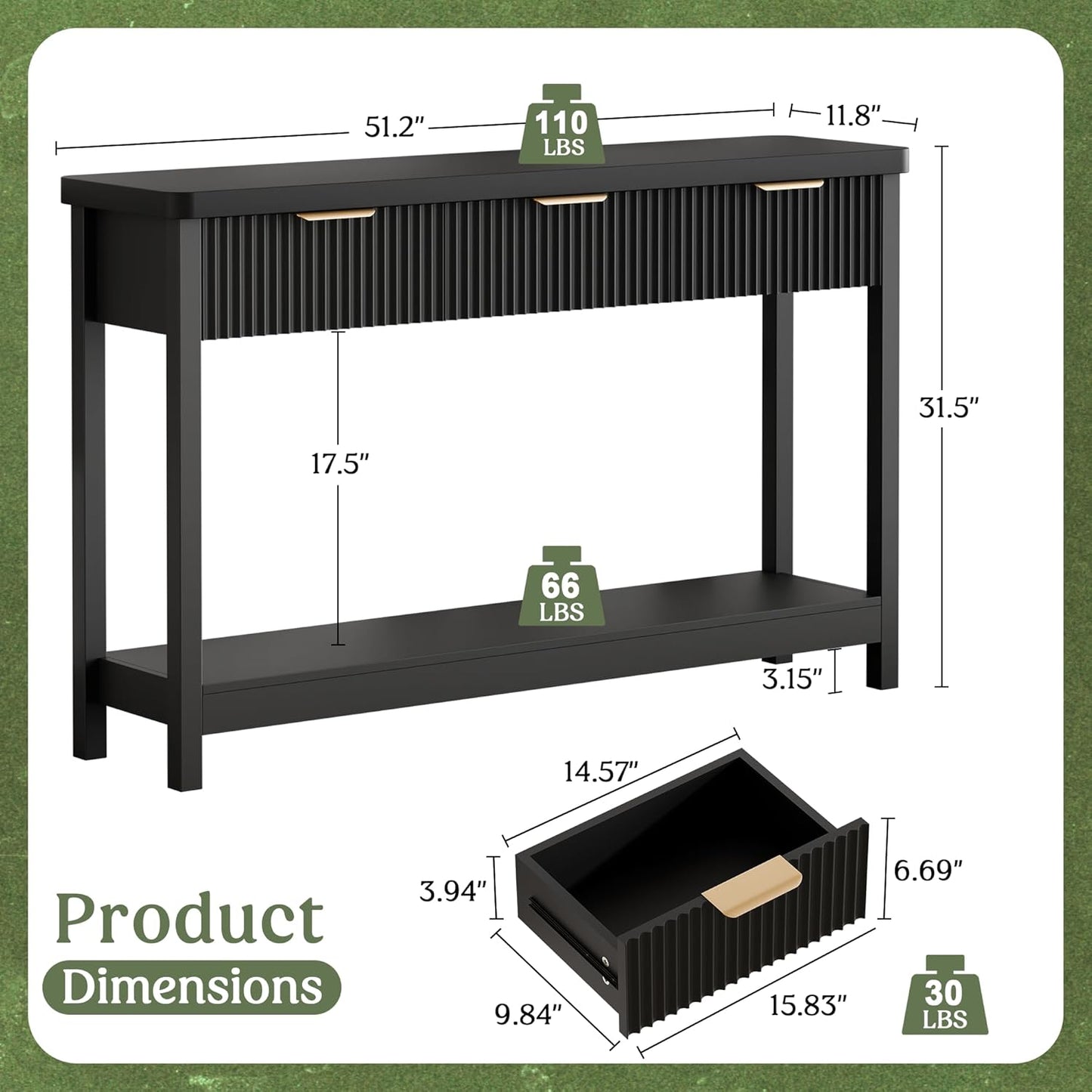 Lulive 51" Fluted Console Table for Entryway, Entryway Table with 3 Wooden Drawers, Farmhouse Behind Sofa Table for Living Room, Hallway, Couch, Foyer
