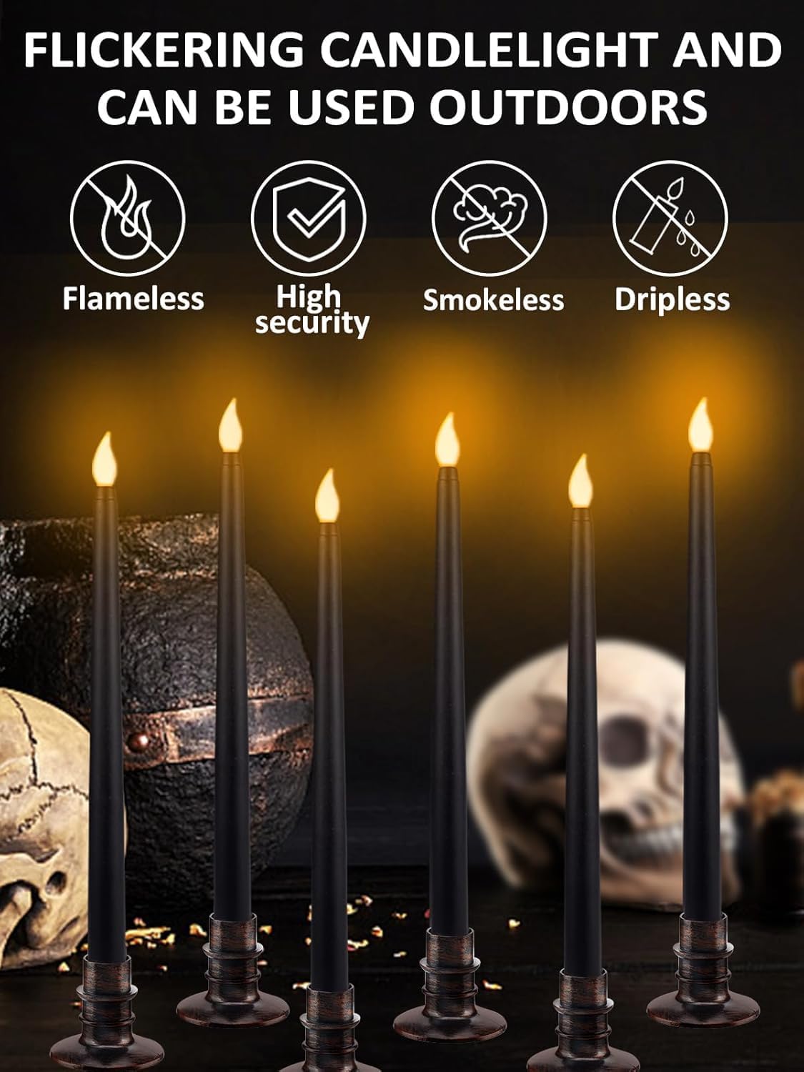 Alphatool 24 Pcs Halloween Black LED Flameless Candles with Bases - Flicker Flame, Tall Taper Smokeless Dripless Candles, Decor for Fireplace Diningtable Bar School