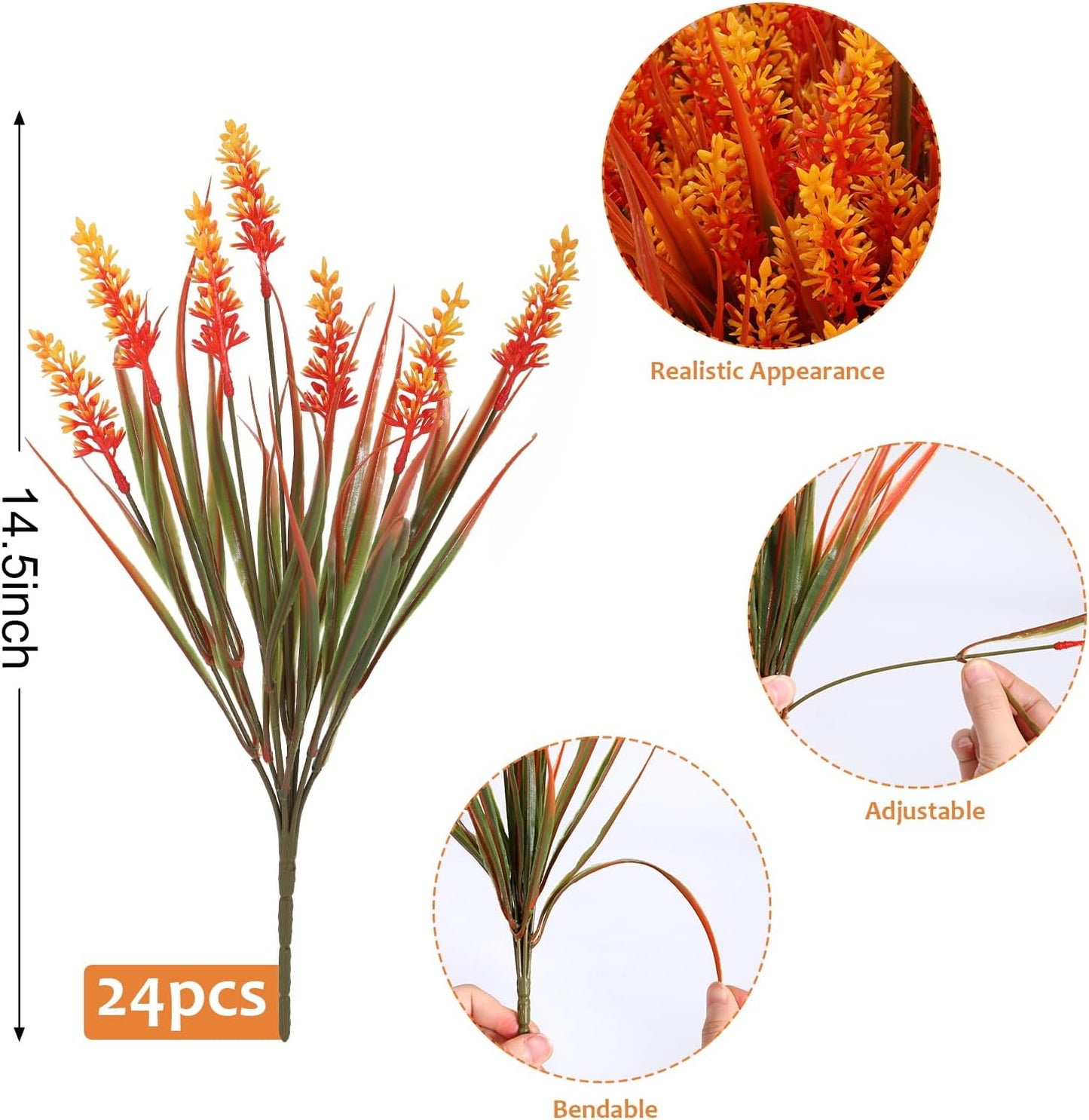 Geegoods Artificial Plants Flowers Outdoor – Faux Lavender Flowers with Monkey Grass UV Resistant Plastic Faux Plants for Garden Porch Window Patio Hanging Planter Home Decor (Autumn-Orange, 48PCS)
