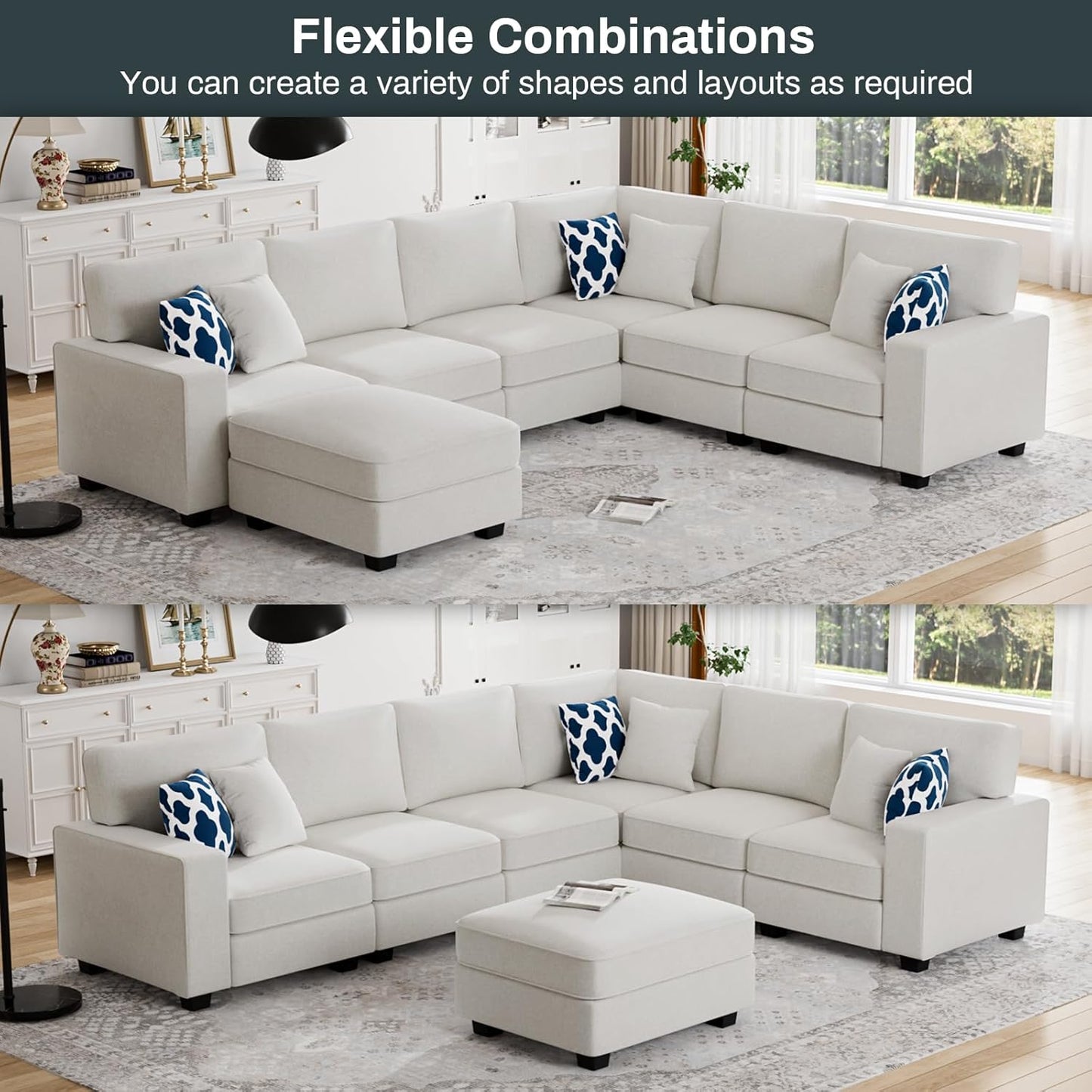 L Lengend Vansen Modular Sectional Sofa U Shaped Couch with Ottoman Modern Reversible Corner Sectional Couch for Living Room (Cream, U Shaped Sofa-2)