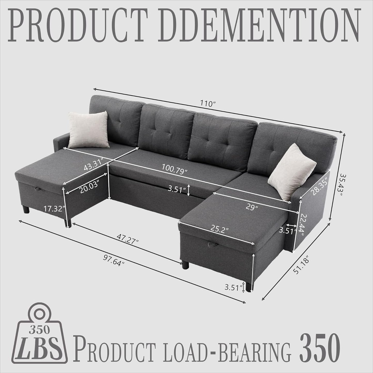 Pull Out Couch, Oversized Sleeper Sofa Couch, Sectional Sleeper Sofa Bed for Living Room Bedroom Lounge (Grey, 110 Inch)