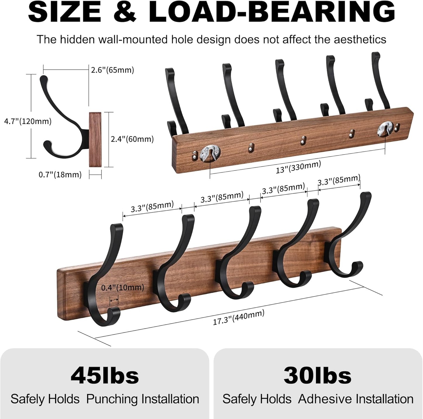 2 Pack 17.3" Small Wooden Coat Rack Wall Mounted with 5 Hooks, Entryway Wall Hooks Coat Hanger for Hanging Towel Clothes Hat Backpack Shoe Purse Key Holder Multi Hook Rail by Black Walnut Wood