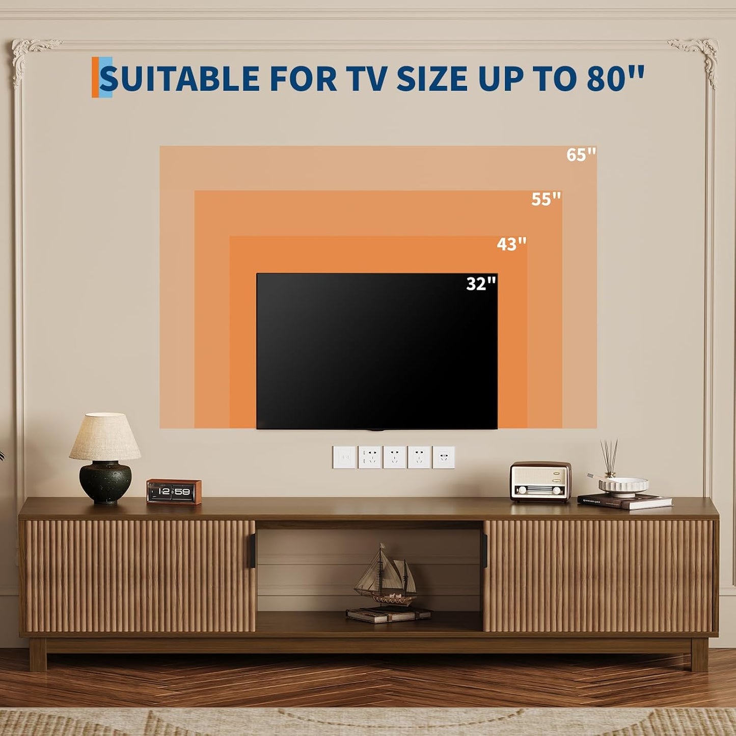 GarveeHome 70" Long TV Stand for Living Room, Mid Century Modern Entertainment Centerfor TVs Up to 80 Inches, TV Console with Fluted Doors & Open Storage Compartment for Livingroom Bedroom- Walnut