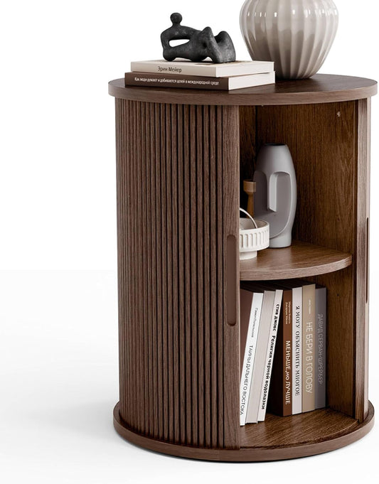 LINSY HOME Round Fluted End Table, Tall Side Table with Sliding Tambour Door and Storage Shelf, Modern Bedside Table, Mid-Century Nightstand for Living Room, Bedroom, Walnut