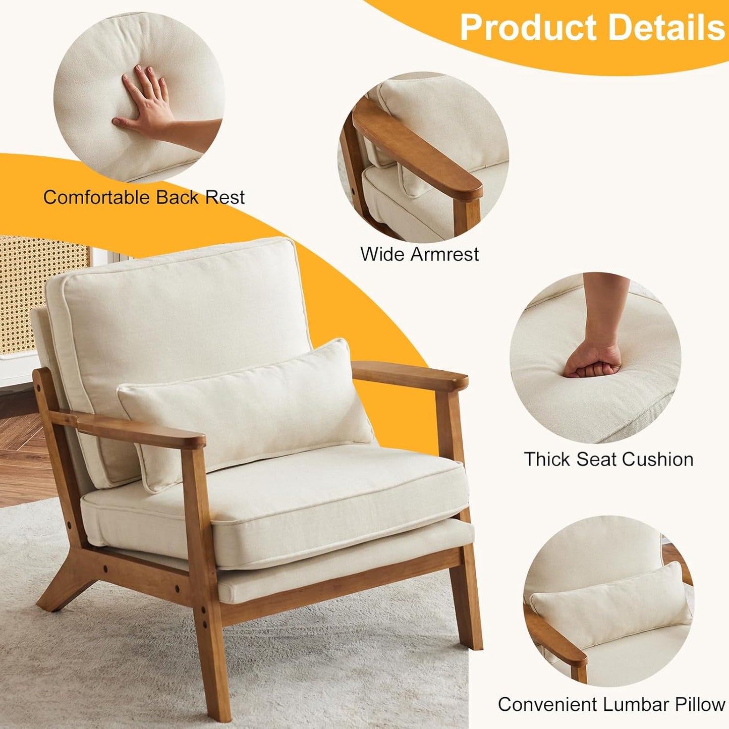 Karl home Accent Chair Wide Armrest Mid-Century Lounge Chair Linen Fabric Armchair with Lumbar Pillow & Solid Wood Frame for Living Room, Bedroom, Balcony, Beige