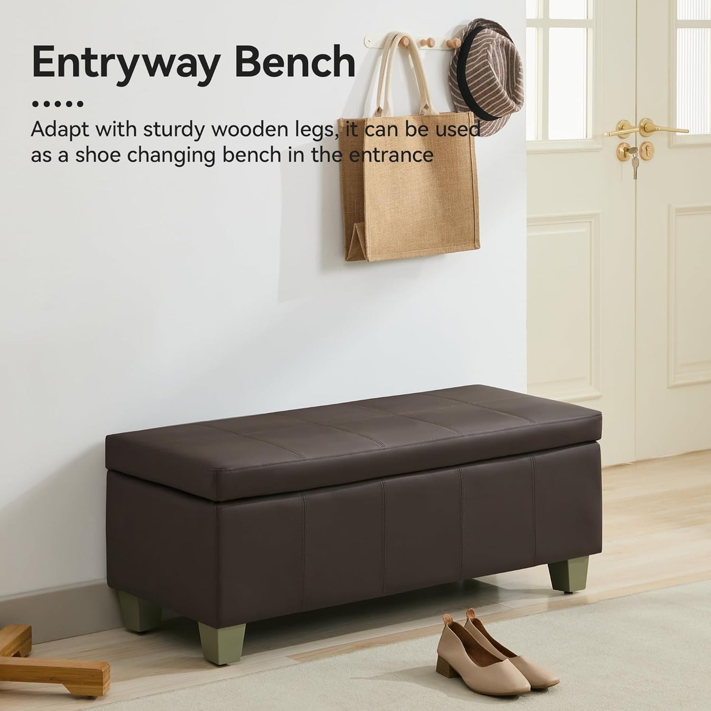 41" Faux Leather Storage Ottoman, Stitch Tufted Rectangle Upholstered End of Bed Storage Bench, Entryway Large Couch Ottoman with Wooden Legs,Brown