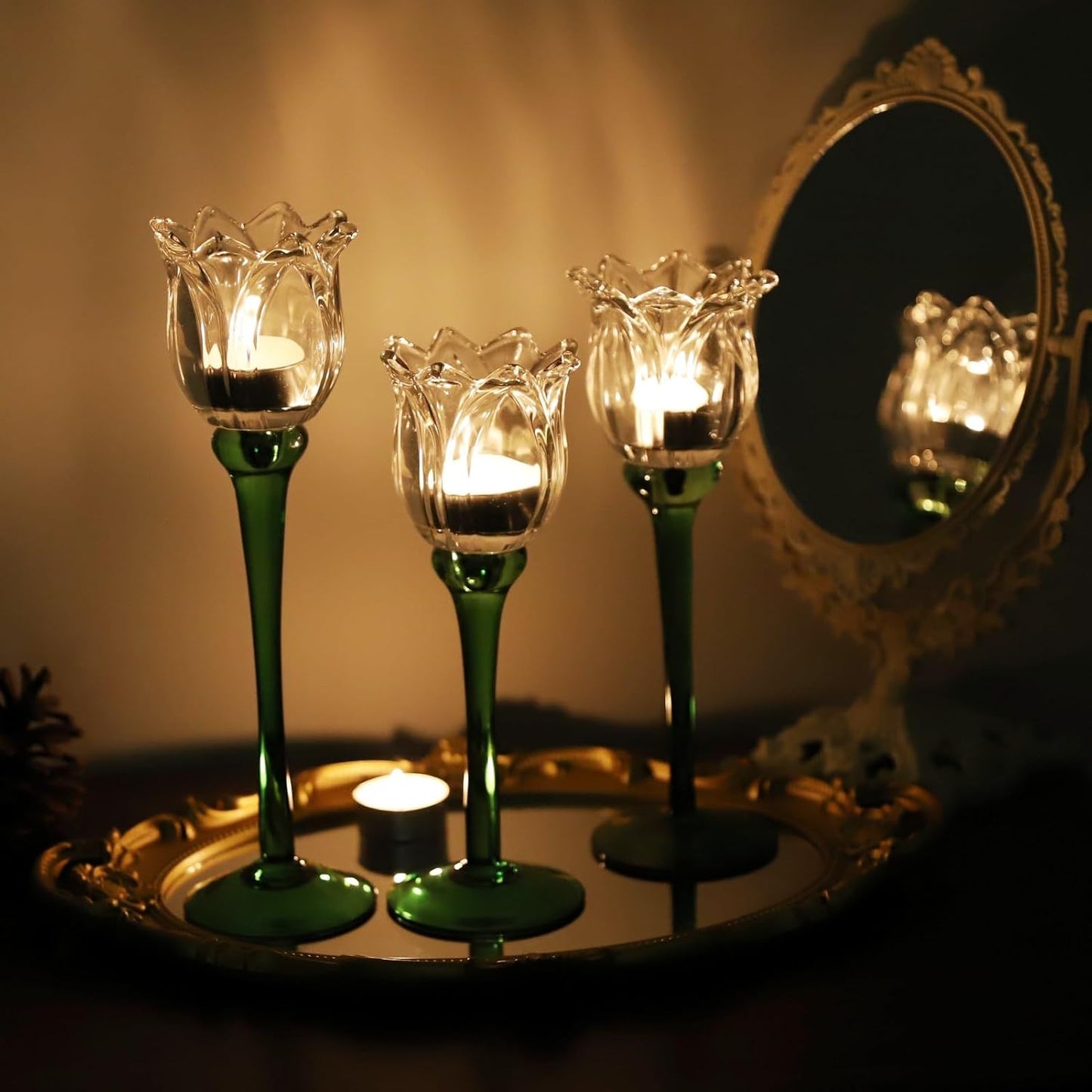 VOHO Tulips Glass Clear Candle Holder Decor for Home Living Room, 3pcs Varying Heights Tealight Candle Holder Wedding Centerpieces for Tables, White Flower Tall Votive Candle Holders Gifts for Friends