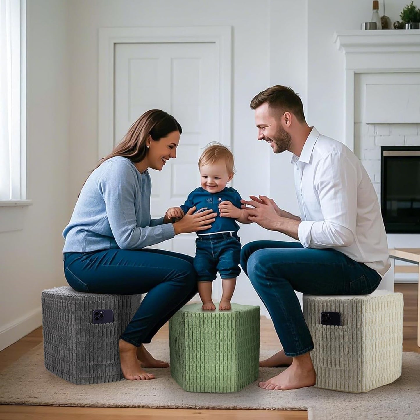 Hexagon Pouf Ottoman Stuffed with 2 Pockets & Handle, Comfort Corduroy Poufs, Non-Slip Foot Stool Storage Ottoman, Foam Floor Poufs Foot Rest for Couch, Bedroom (Beige)