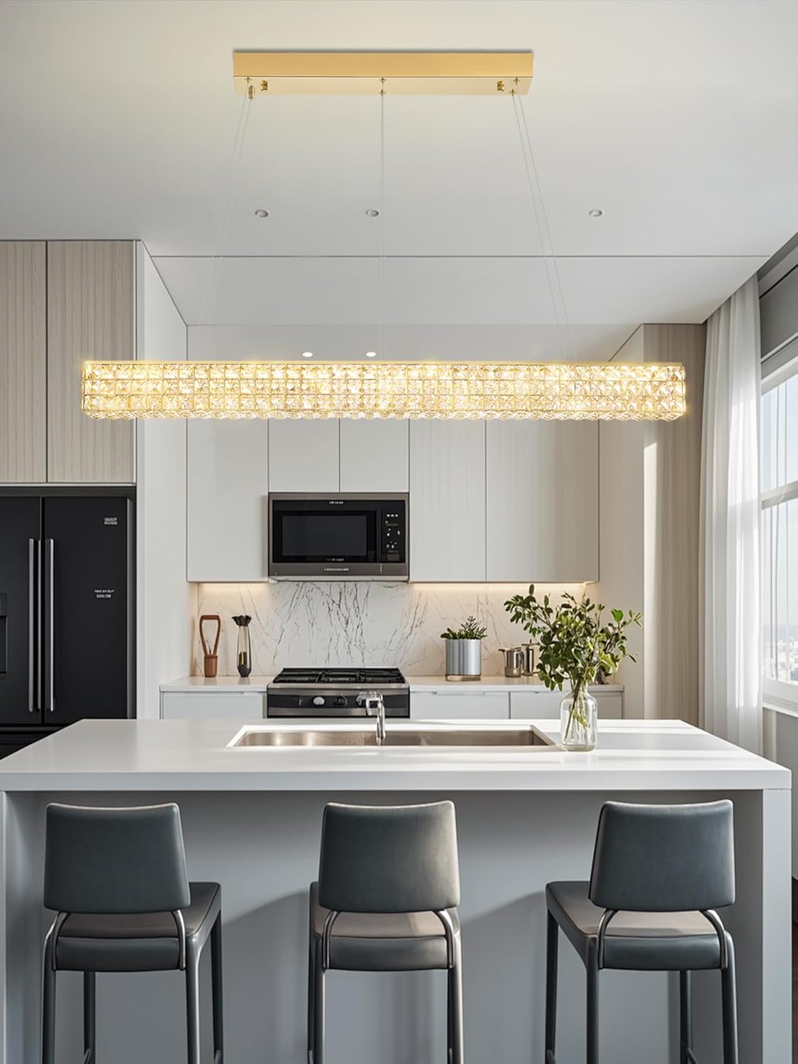 W48 Rectangular Gold Crystal Chandelier Modern Rectangle Pendant Ceiling Light Fixture for Living Room Dining Room Kitchen Island Bar