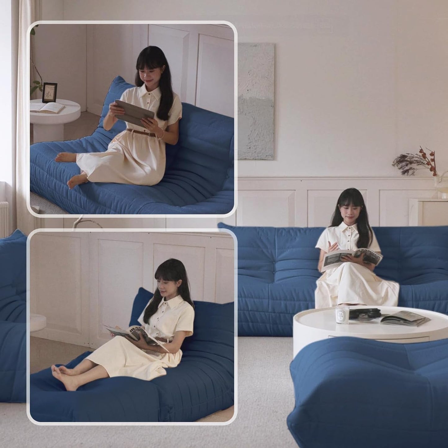 Luxury Sofa Couch Chair, Lazy Floor Seating, Fireside Bean Bag Chair, Ergonomic Tatami Sofa Lounger for Living Room, Bedroom, Office, Loveseat, Blue