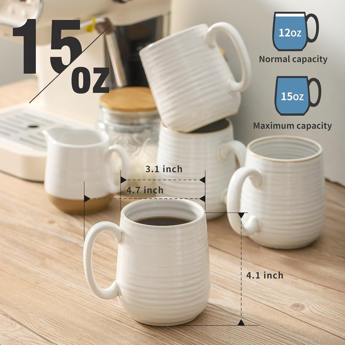 Hasense Coffee Mugs Set of 6, Ceramic Coffee Cups with Handle for Home Office, 12 Ounce Tea Cup for Coffee, Latte, Hot Cocoa, Dishwasher and Microwave Safe, Clay-Infused White
