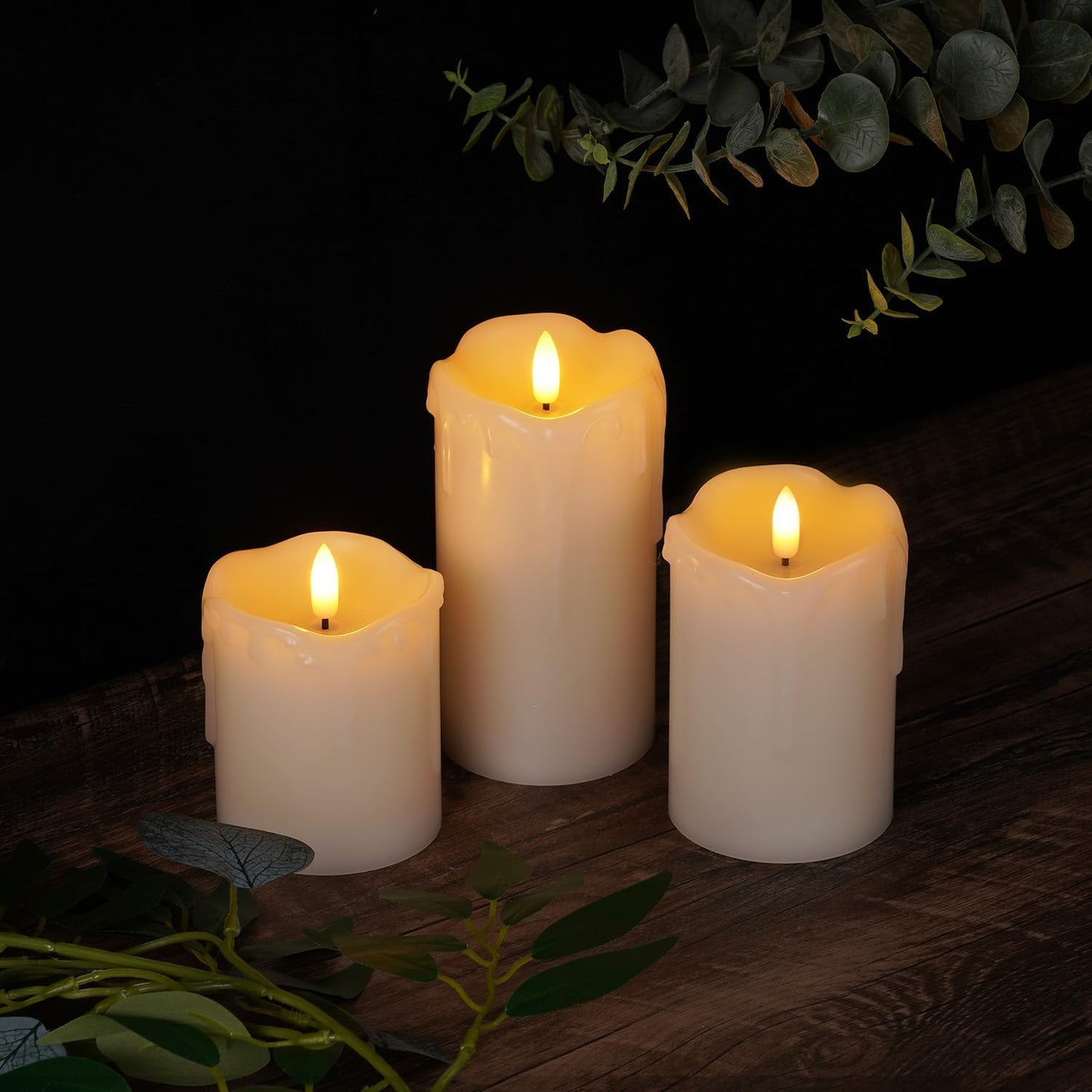 Homemory Dripping Wax Flameless LED Pillar Candles, Battery Operated with Remote Control and Timer, Set of 3, 5" H x 4" W x 6" D