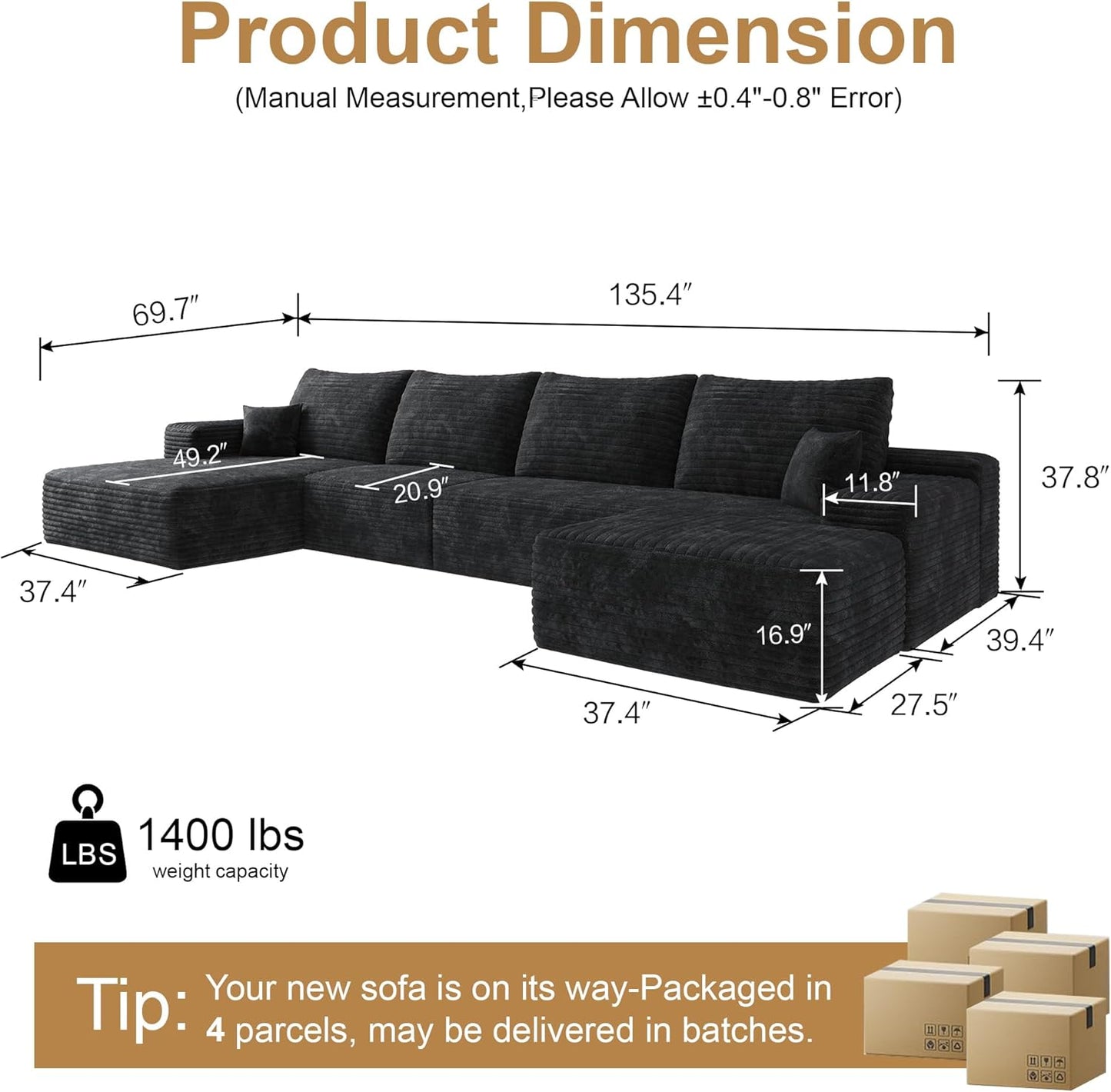 136" Sectional Couches for Living Room Modern Modular Sofa with L-Shape Couchs Upholstered Boneless Couch Deep Seat Sectional Couch with Chaise (Black, Left Facing Chaise+3Seaters+Ottoman)