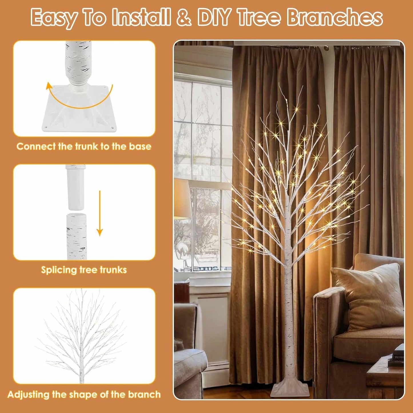 2 Pack 4FT 100LED Christmas Lighted Birch Tree, Timer Function Prelit Artificial Tree Lamp Plug in with Warm White Lights, 2 Modes Twinkling Twig Trees for Indoor Outdoor Party Christmas Decorations