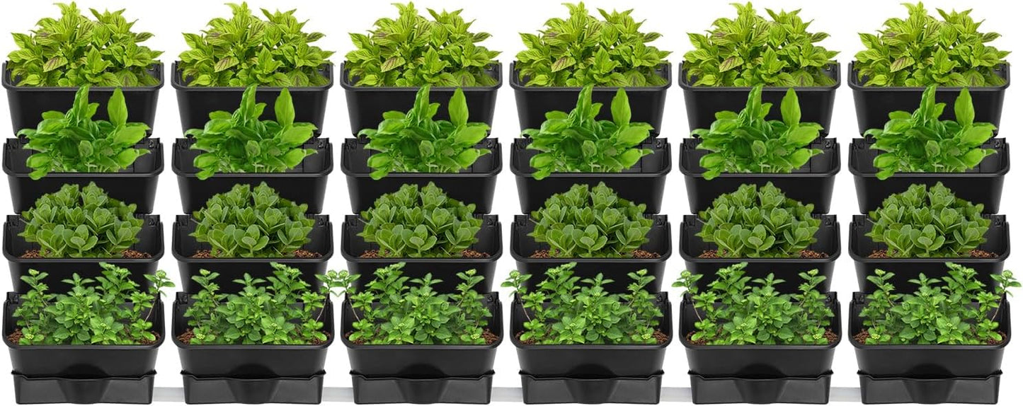 24Pack Vertical Wall Planter, 13 inch Wall Mounted Garden Planters, Stackable Wall Hanging Planter, Plastic Flower Pot with 4 Drainage Tray & 6.56FT Drainage Pipe for Indoor and Outdoor (Black)