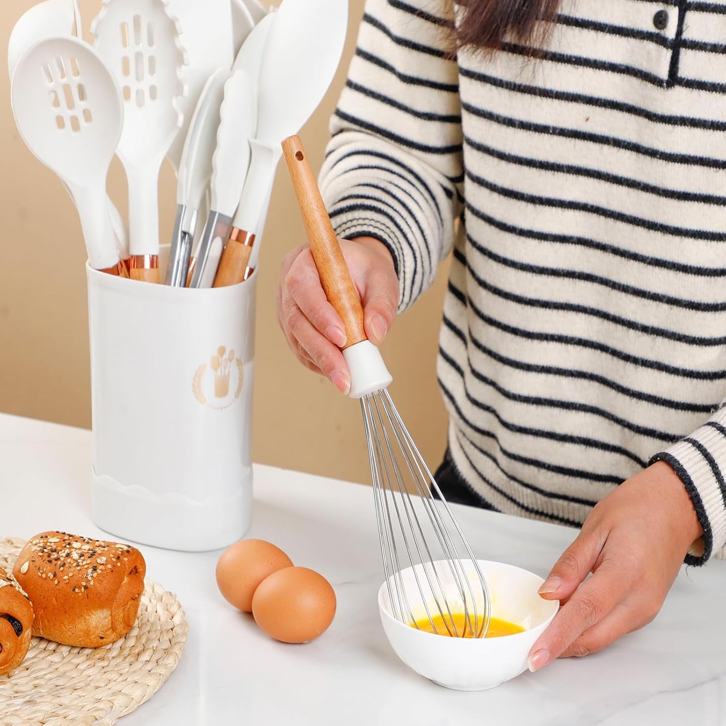 13-Piece silicone utensil set wood handle nonstick cookware safe dishwasher safe kitchen tools BPA free heat resistant (450°F/230°C) ceramic pan safe cooking gifts housewarming (White)