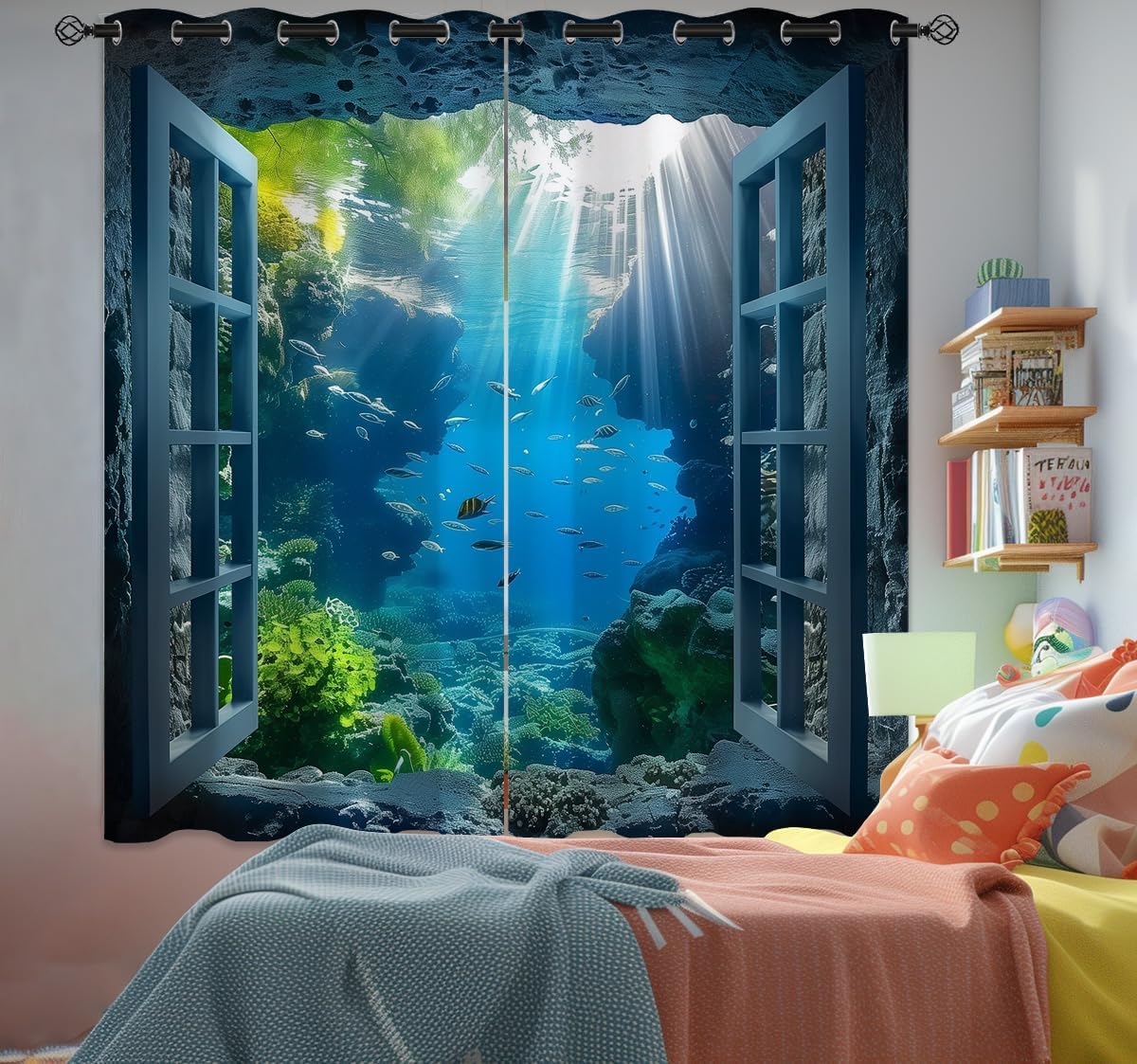 Ocean Fishs Blackout Curtains for Girls Boys Home Decor, Underwater Tropical Fish Undersea Coral Grommet Thermal Insulated Drapes Darkening Window Curtain for Bedroom Living Room, 72 x 63 Inch