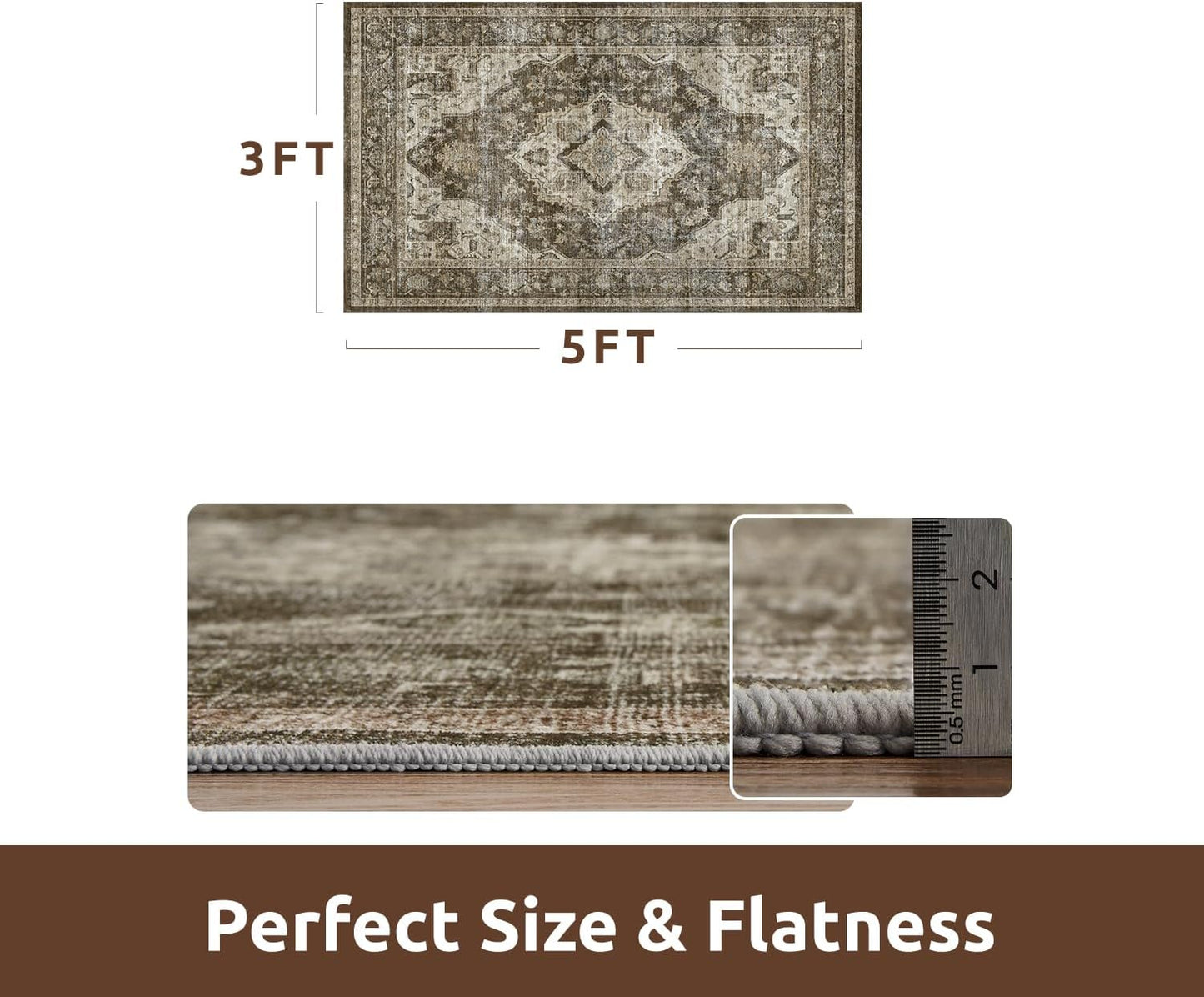 AMOAMI-3X5 Area Rug-Soft Washable Vintage Throw Accent Rugs for Living Room, Entryway, Bedroom, Kitchen, Bathroom, Laundry Room, Kitchen, Bathroom, Bedside, No Slip Brown/Coffee