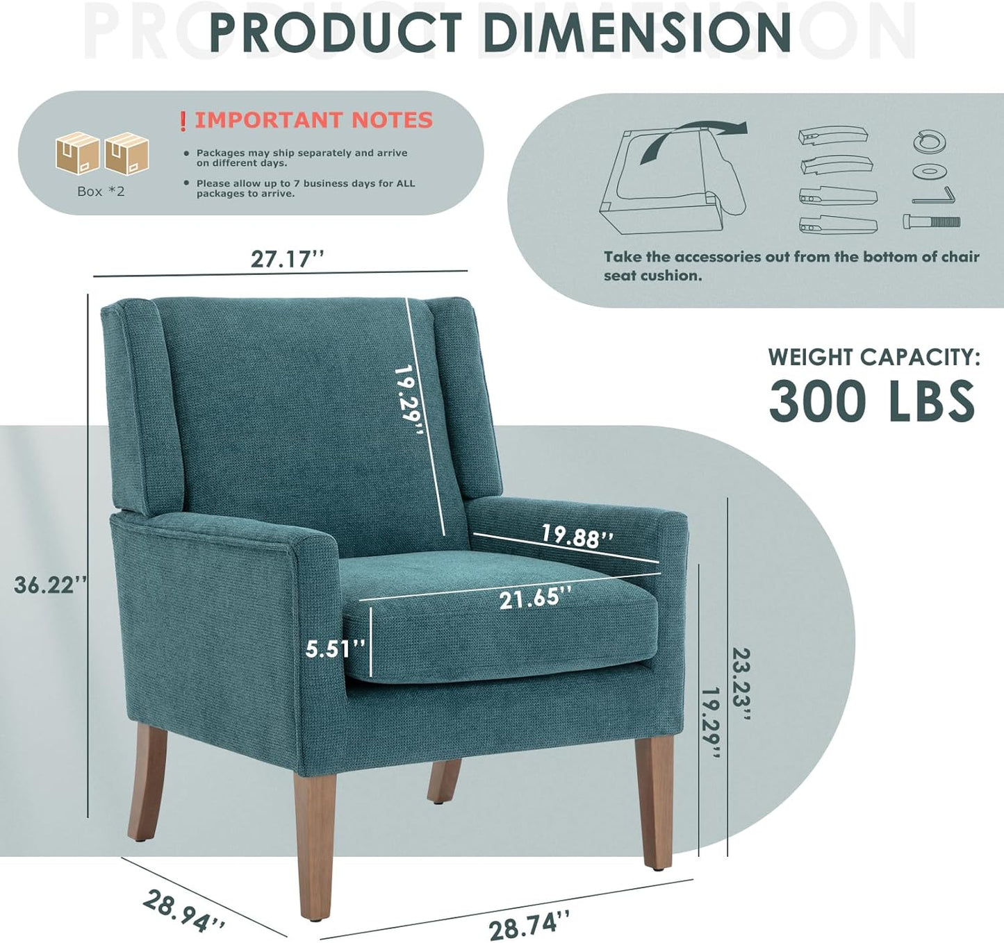 COLAMY Modern Wingback Living Room Chair Set of 2, Upholstered Fabric Accent Armchair, Single Sofa Chair with Lounge Seat and Wood Legs for Bedroom/Office/Reading Spaces, Teal