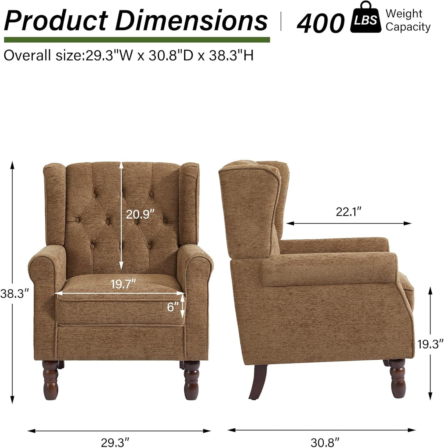 Accent Chair, Upholstered Armchair with Button Tufted High Back & Solid Wood Legs, Comfy Wingback Reading Single Sofa Chair for Small Spaces, Living Room, Bedroom (Brown, Set of 2)