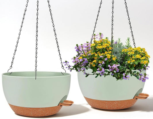 2 Pack 12 Inch Large Hanging Planters with Chains Self Watering Green Brown Plastic Hanging Pots for Indoor Outdoor Plants, Garden Porch Home Decor，Green Brown