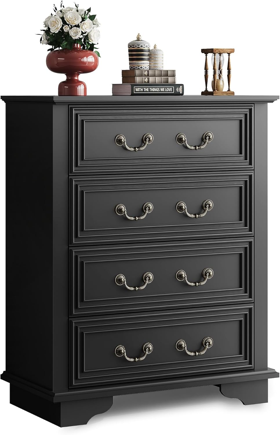 WLIVE Farmhouse Dresser for Bedroom, Tall Wood Dresser with 4 Drawers, Chest of Drawers with Roman Metal Handle for Living Room, Hallway, Closet, Black
