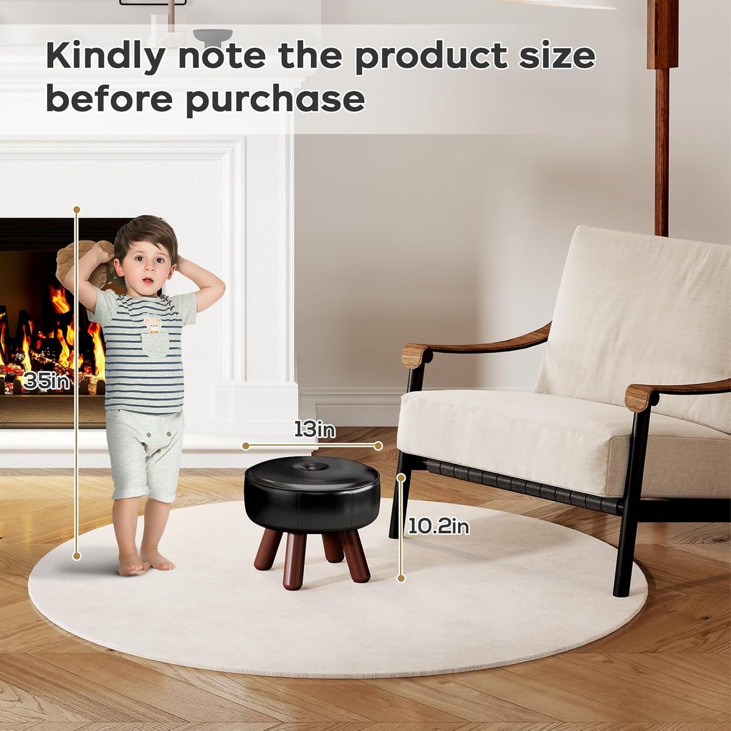 13in Small Foot Stool Ottoman, Round Faux Leather Foot Rest, Footstool Ottomans with Rubber Legs Under Desk, Footrest for Couch, Living Room, Bedroom, Office, 13''L x 13''W x 10.2''H, Black