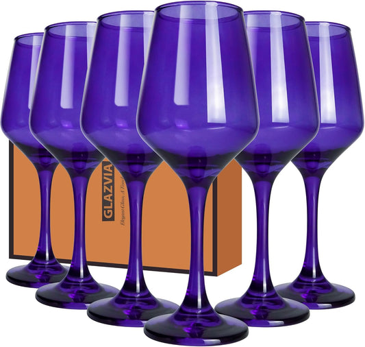 Purple Wine Glasses Set of 6-14oz Long Stem Wine Glass, Pretty Crystal Glassware, Hand Blown Goblets Drinkware, Unique Stemware Wine Glass Holiday Gift Set