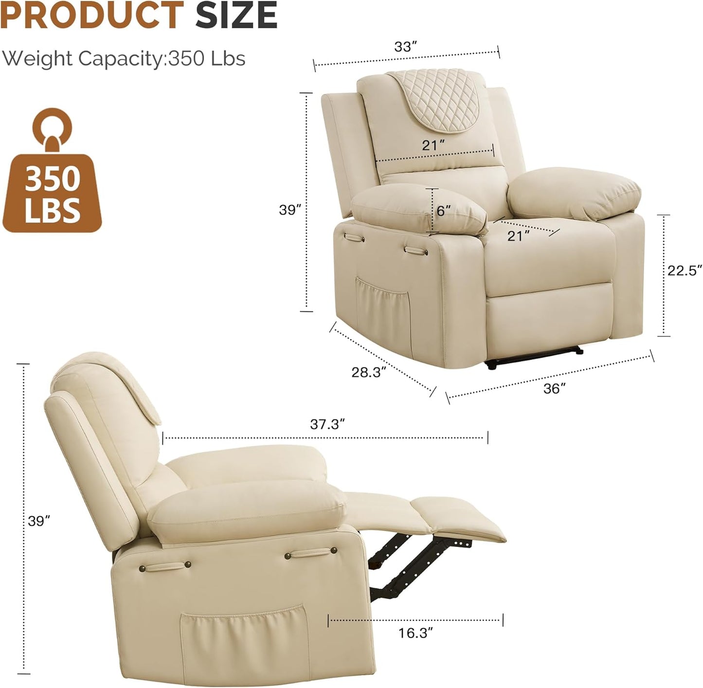 Recliner Chair with Electric Massage Adjustable Footrest & Heat, Manual Leather Recline for Adults Living Room Remote Control (Beige)