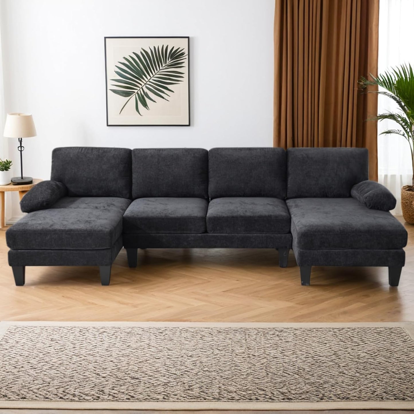 Karl home U-Shape Sectional Sofa Couch 111" Modern 4-Seat Sofa with Chaises Chenille Fabric Upholstered Covertible Couch with Wood Grain Legs for Living Room, Reception Room, Apartment, Black