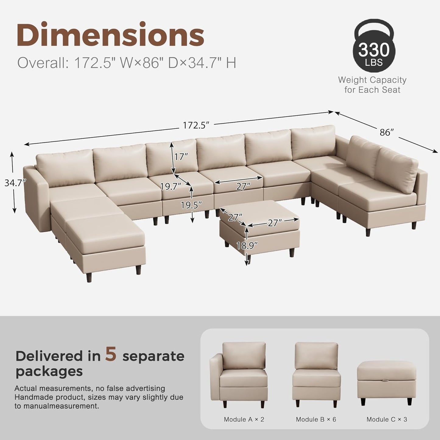 Oversized 172.5" Faux Leather Modular Sectional Sofa, Modern Large 11 Seater U Shaped Couch with Storage Seat with Reversible Chaise Deep Seat for Living Room DIY Combination - Whitesand