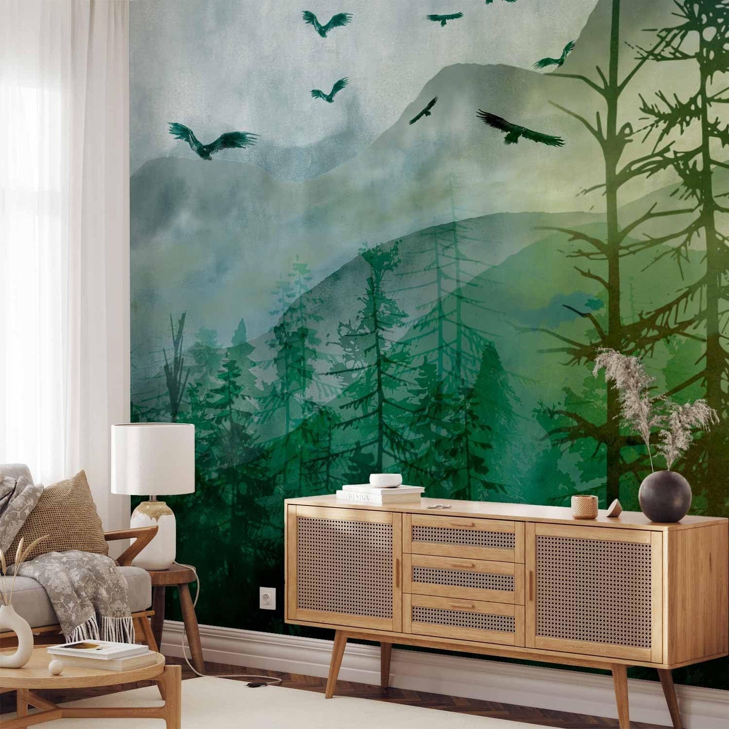 artgeist Wall Mural Peel and Stick Natura 212x98 in - XXL Self-Adhesive Corner Wallpaper Removable Large Sticker Foil Angle Wallpaper Mountains Forest Birds Clouds c-A-10017-a-b