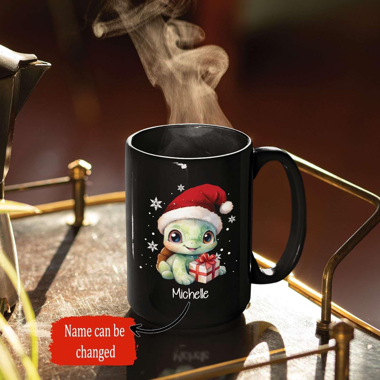 Coffee Mug With Xmas Turtle Design, Personalized Turtle Wearing Santa Hat Cup, Cute Baby Animal Black Mug 11oz 15oz, Custom Christmas Ceramic Cup, Customized Christmas Animal Mug Gift