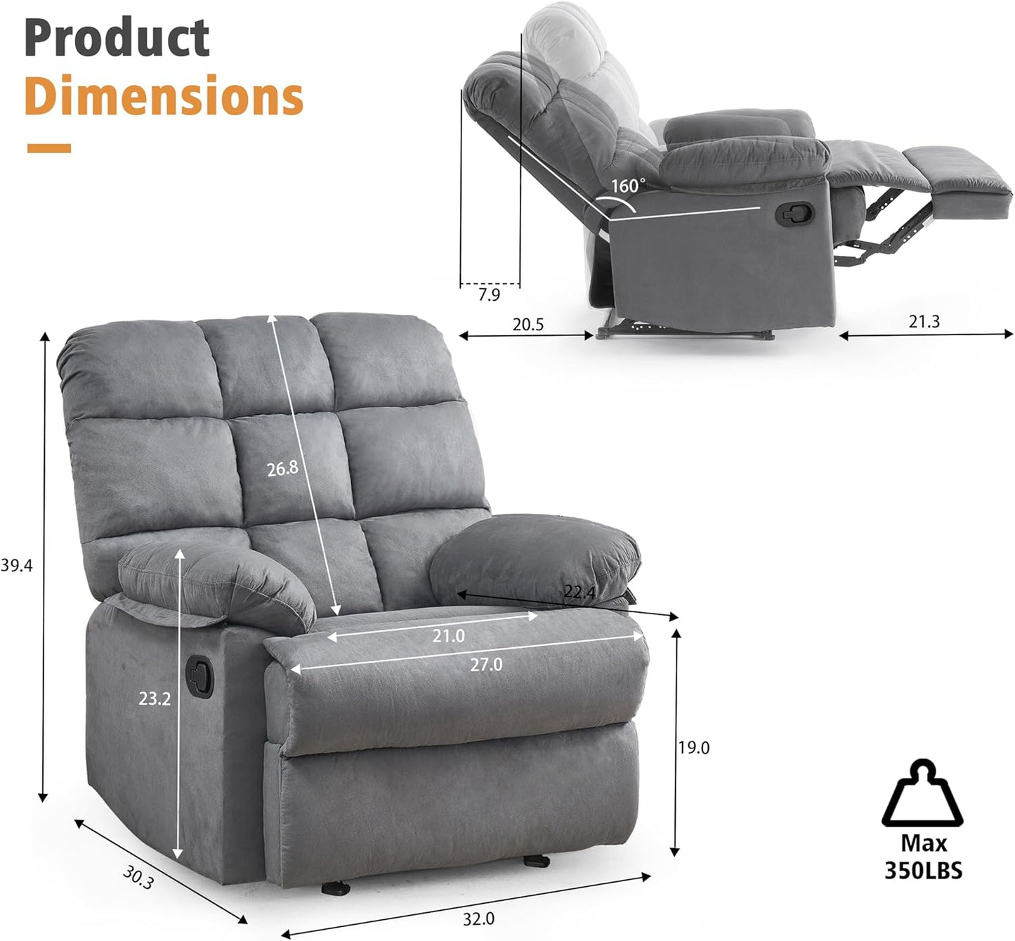 Rocker Recliner Chair, Overstuffed Manual Rocking Recliner for Adults, Upholstered Comfy Soft Fabric Living Room Reclining Sofa Chair(Gray)