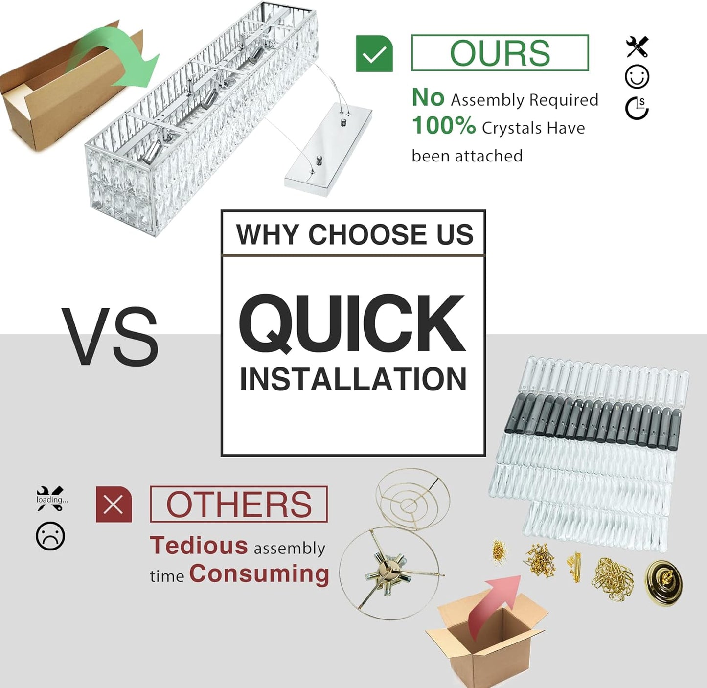 IKK Modern Rectangle Chandelier for Dining Room, Crystal Chandeliers with Stainless Steel in Chrome, Large Rectangular Pendant Light for Kitchen Island L40 x W6.7 x H6.3