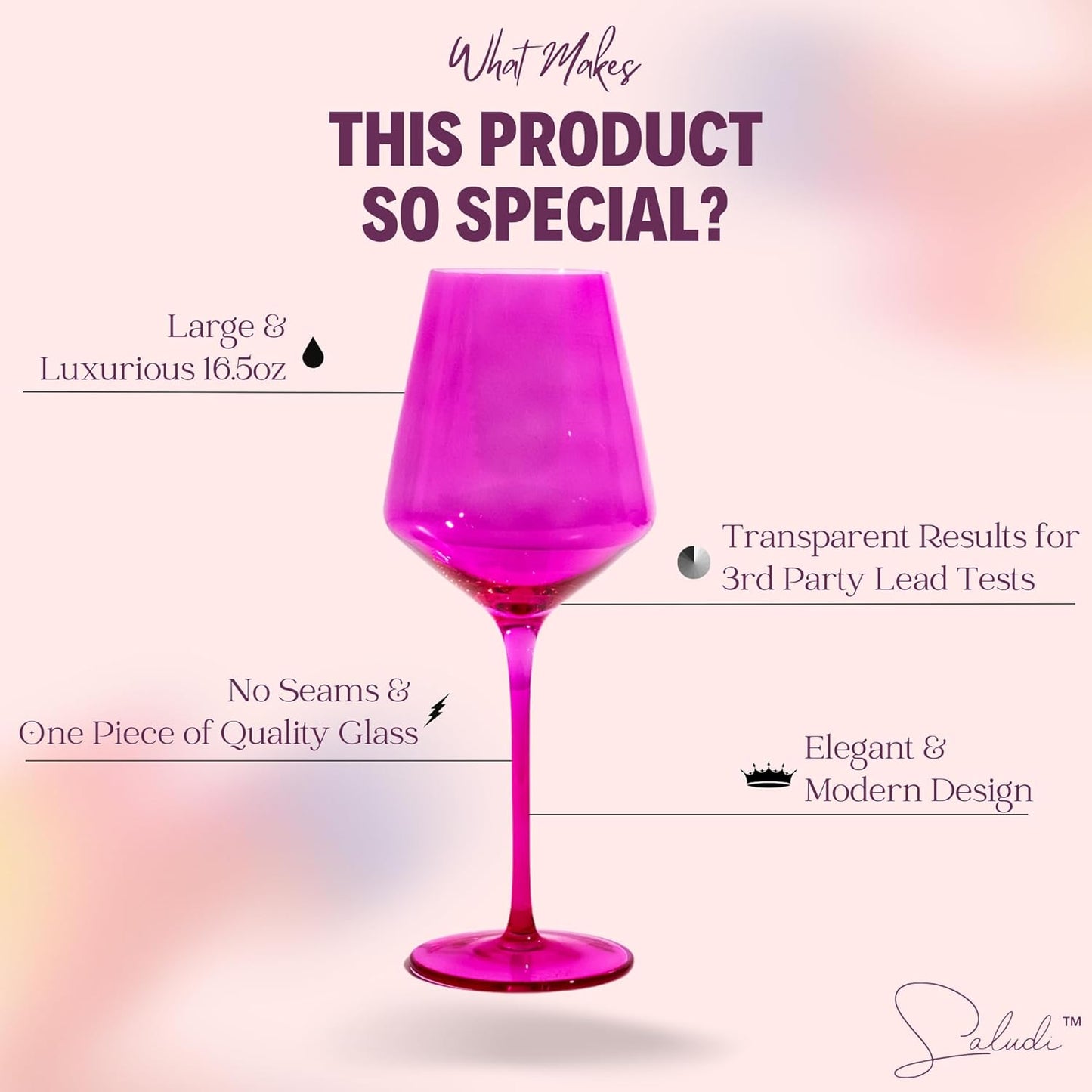 Saludi Colored Wine Glasses, 16.5oz (Set of 6) Stemmed Frida-Color Glass - Great for all Wine Types and Occasions - Luxury, Durable, Hand-Blown