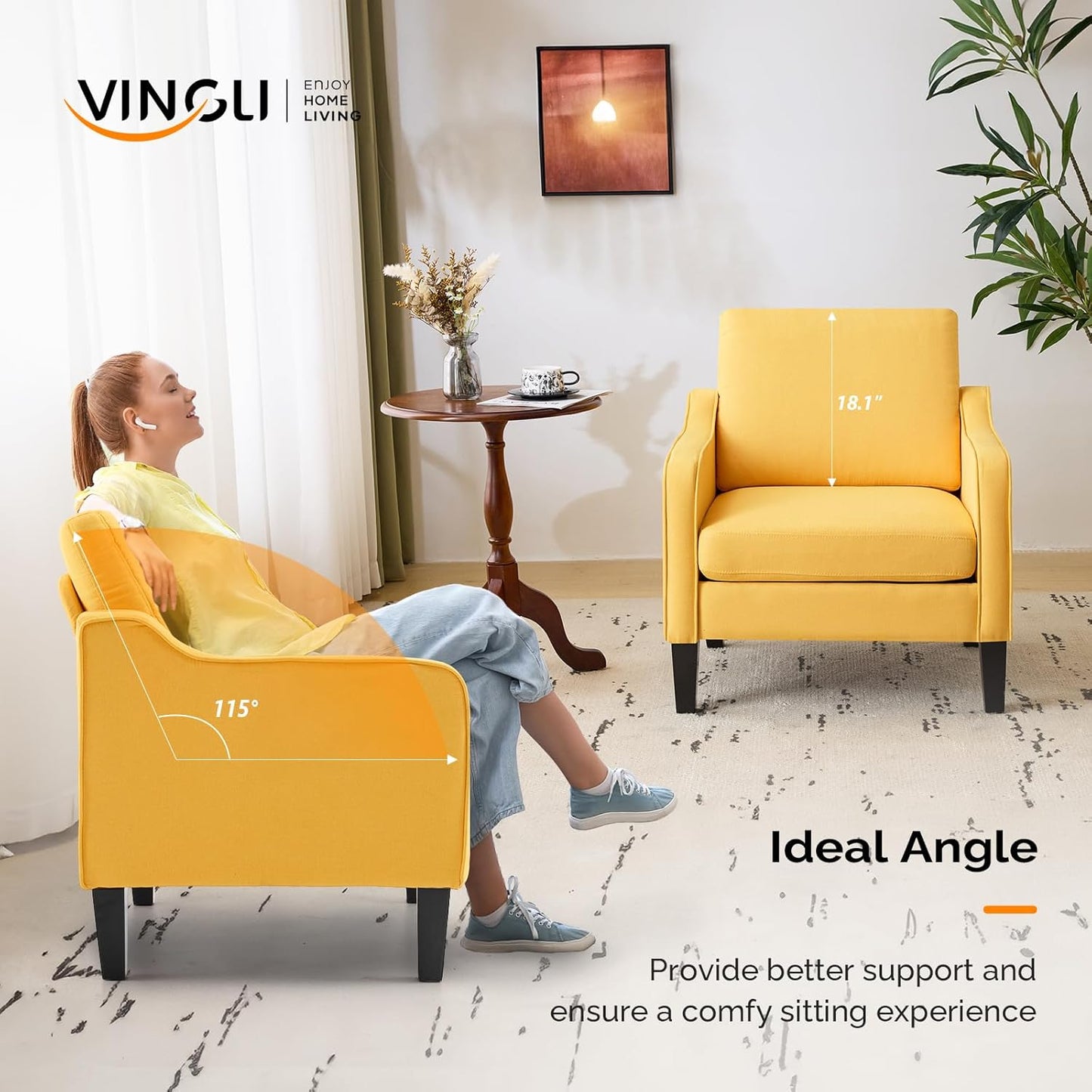 VINGLI Accent Chair for Living Room Chairs Yellow Reading Chair for Bedroom Scooped Arm Chair Mid Century Modern Accent Chairs Upholstered Comfy Chair for Apartment, Waiting Room